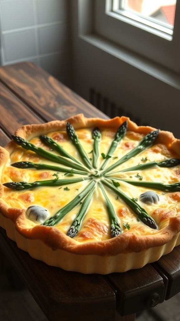 A golden-brown asparagus quiche with cheese, garnished with herbs, on a rustic wooden table.
